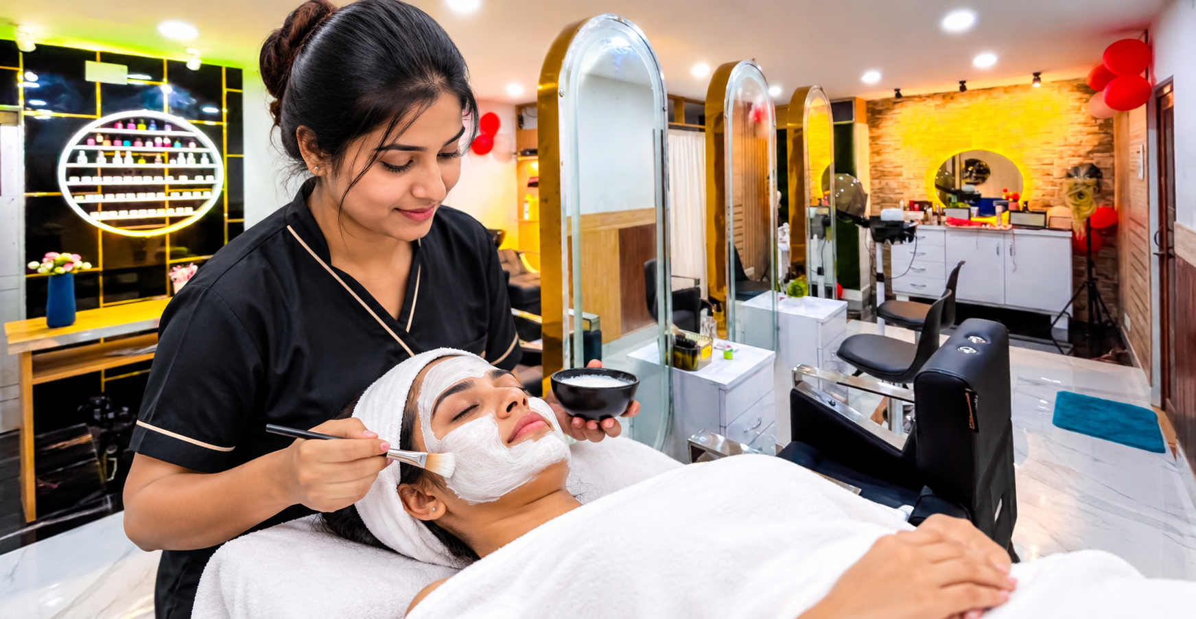 Aesthetician in a black uniform applying a white facial mask to a client reclining in a modern salon with gold-trimmed oval mirrors